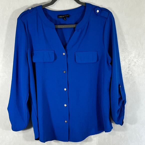 Adrienne Vittadini Blue Button Front Blouse with Silver Buttons Long Sleeve M - Picture 1 of 5